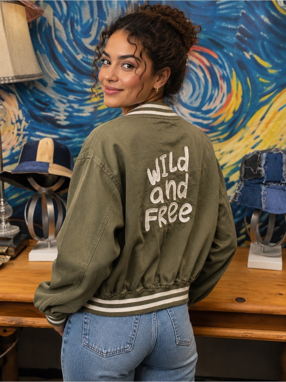 Wild Rose Los Angeles Cropped Bomber Jacket Green Zip Front Embroidered Small